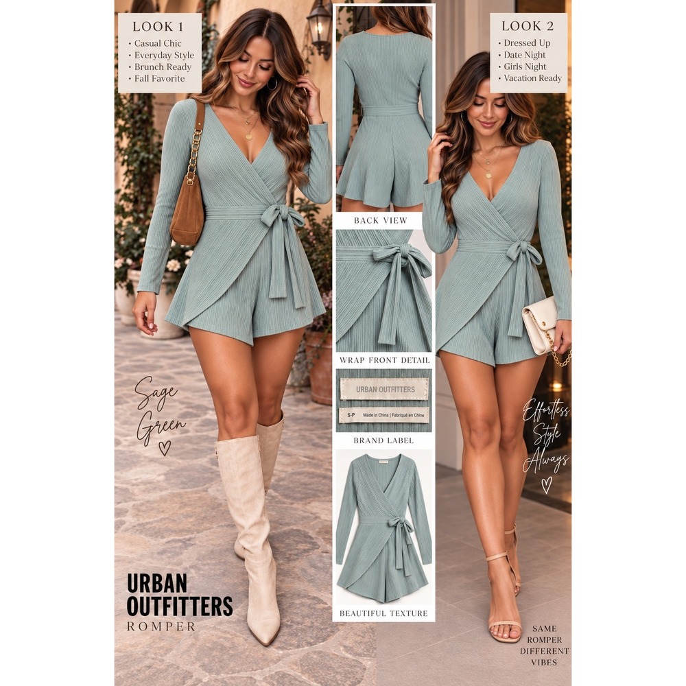 Urban Outfitters Ribbed Long Sleeve Wrap Romper Sage Green Small